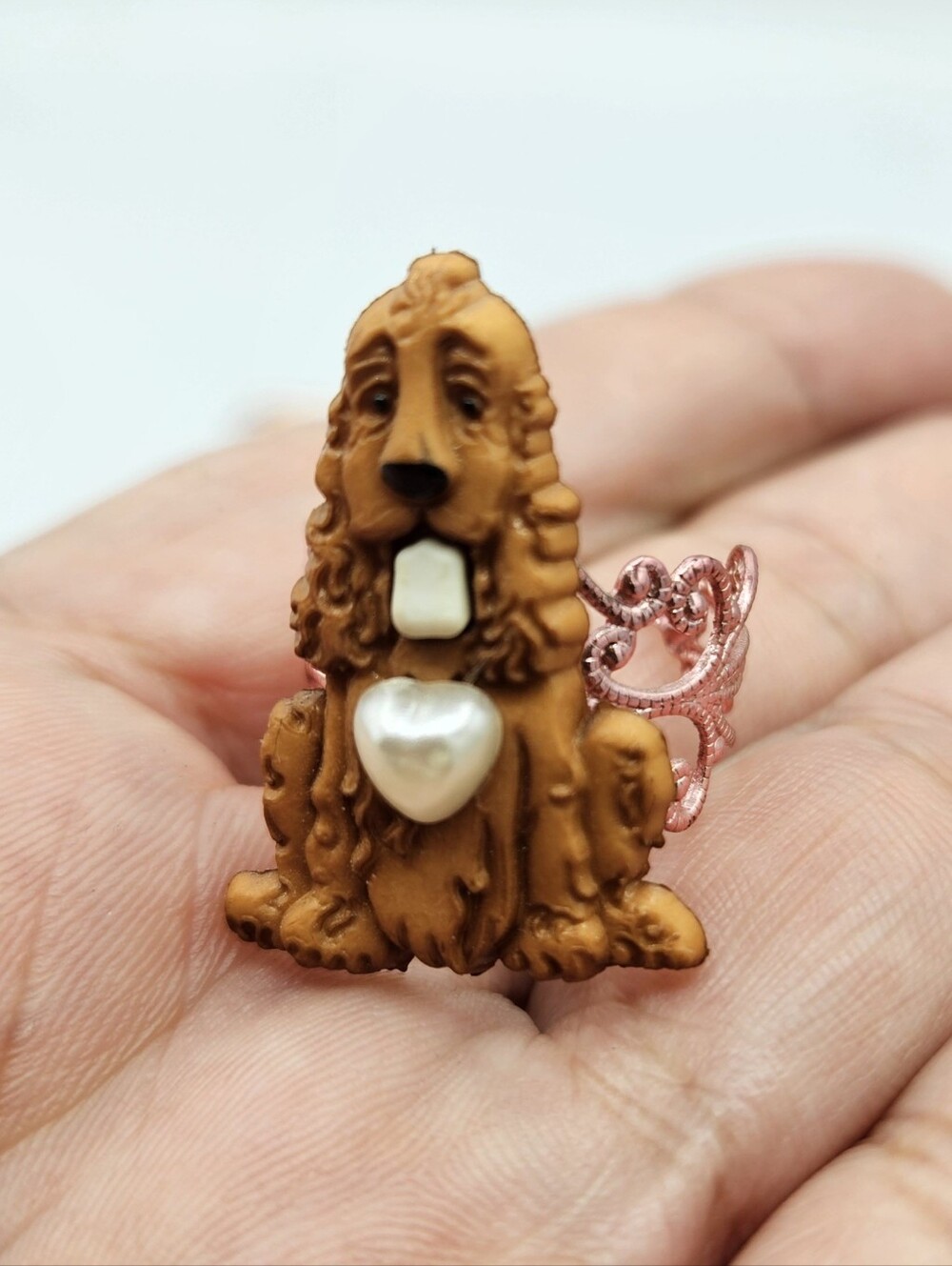 Handmade English Cocker Spaniel Dog Pink Adjustable Filigree Fashion Ring